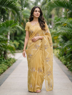 Net Kota Mustard White Warli Tribal Embroidery Saree