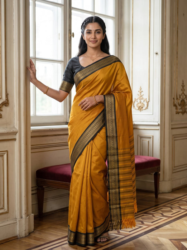 Semi Silk Mustard Yellow Golden Pinstripe Saree with Black Zari Border