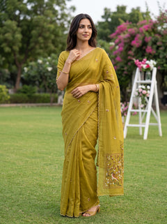 Chanderi Mehandi Green Bird Floral Panel Saree