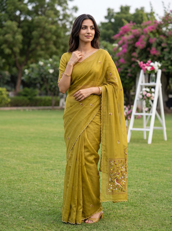Chanderi Mehandi Green Bird Floral Panel Saree
