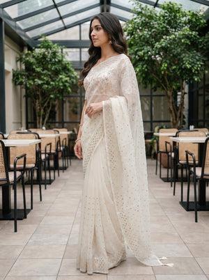 Organza Off-White Scattered Sequin Saree with Tassel Pallu