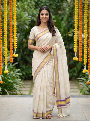 Cotton Cream Check Violet Golden Zari Border Kerala Saree