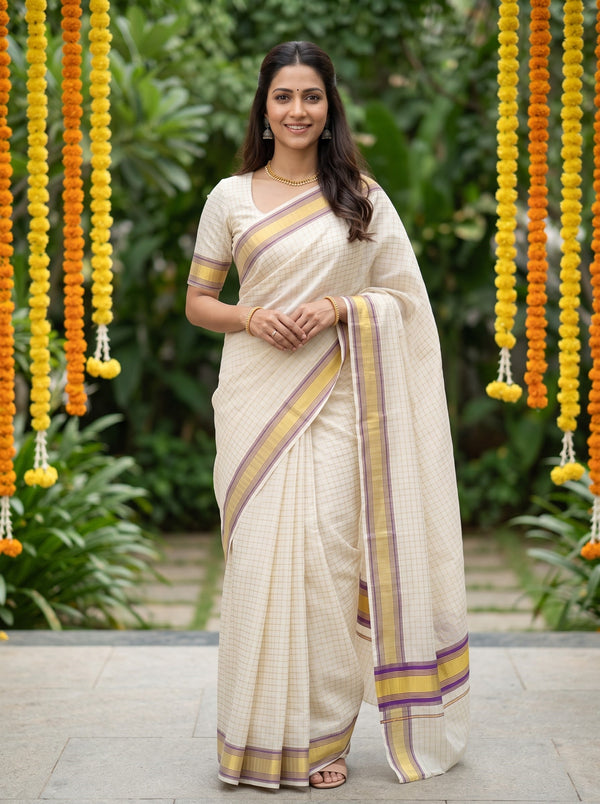 Cotton Cream Check Violet Golden Zari Border Kerala Saree