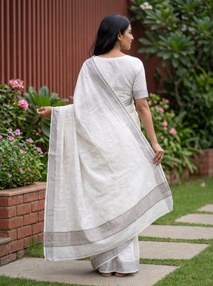 Cotton Off-White Self-Tone Geometric Weave Saree with Beige Jacquard Border