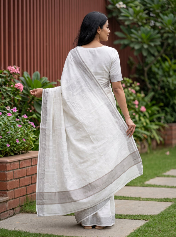 Cotton Off-White Self-Tone Geometric Weave Saree with Beige Jacquard Border