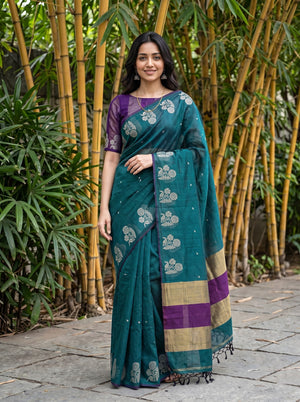 Cotton Teal Green Saree with Purple Golden Striped Border