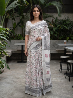 Linen White Block Print Saree with Black Zigzag Border and Red Floral Vines