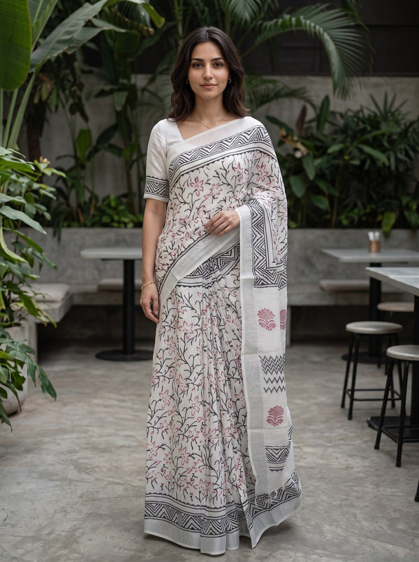Linen White Block Print Saree with Black Zigzag Border and Red Floral Vines