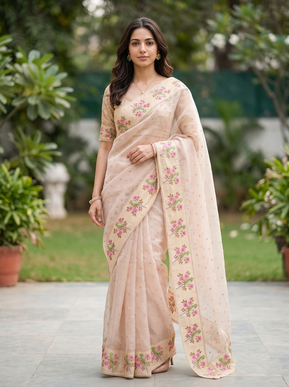 Organza Beige Saree with Cross-Stitch Parrot Floral Border