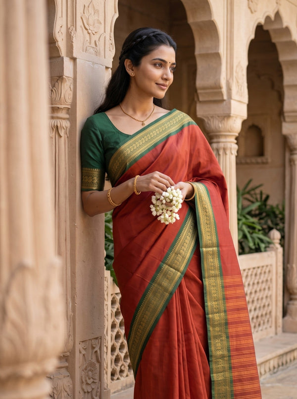 Semi Silk Red Golden Pinstripe Saree with Green Zari Border