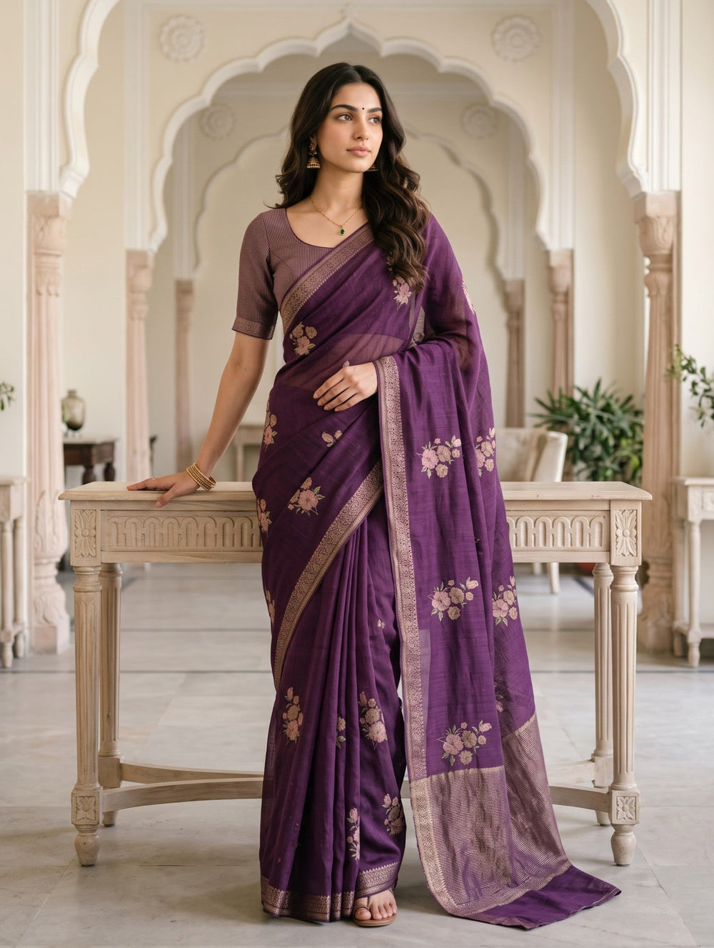 Semi Tussar Purple Floral Butta Zari Saree