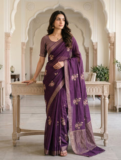 Semi Tussar Purple Floral Butta Zari Saree