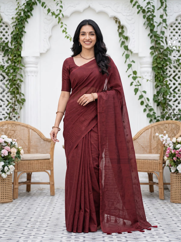 Mul Chanderi Maroon Self-Tone Dobby Weave Leaf Border