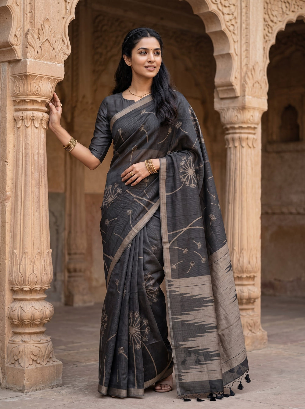 Matka Silk Black Saree with Woven Dandelion Print and Tassels