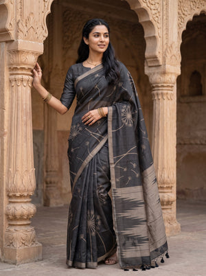 Matka Silk Black Saree with Woven Dandelion Print and Tassels