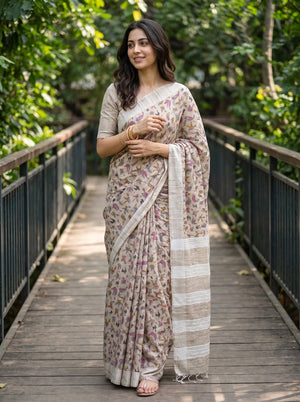 Chanderi Cotton Beige Tribal Bird Print Saree with Striped Pallu