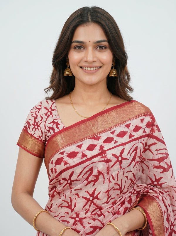 Soft Cotton Maroon Triangle Print Saree with Zari Border