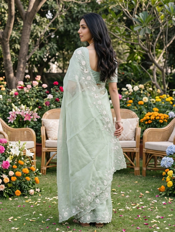 Organza Blue Green Sequin Embellished Saree
