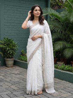 Cotton Off-White Self-Tone Floral Paisley Jacquard Saree with Striped Border