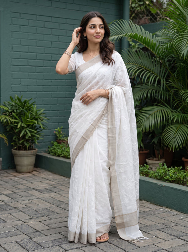 Cotton Off-White Self-Tone Floral Paisley Jacquard Saree with Striped Border