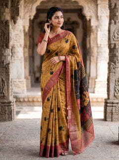 Tussar Silk Mustard and Maroon Saree with Abstract Block Print Pallu