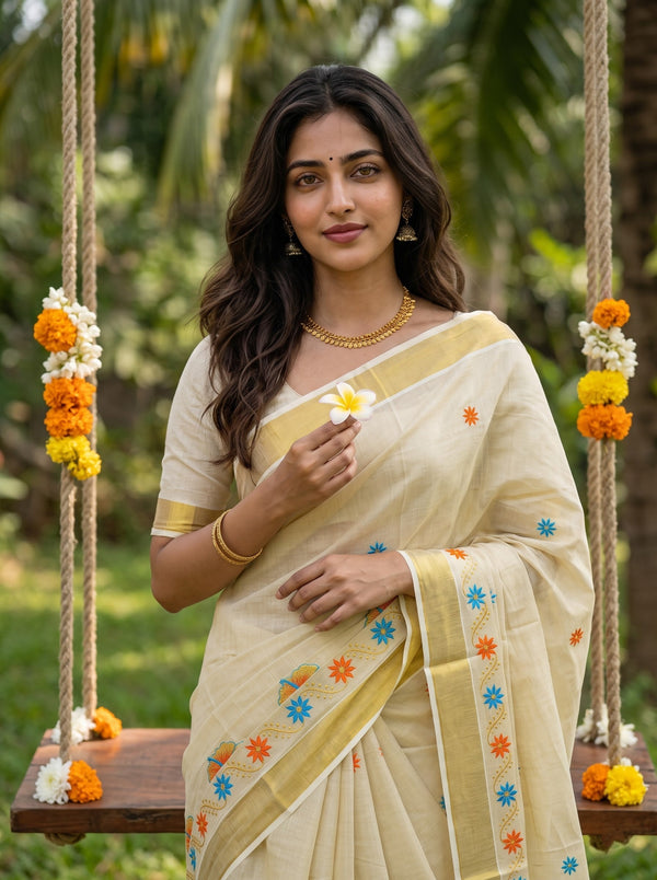 Tissue Cream Hibiscus Embroidery  with Golden Border Onam Special Kerala Saree