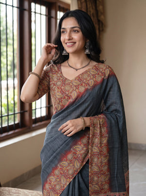 Cotton Charcoal Grey Saree with Paisley Printed Pallu and Peacock Motifs