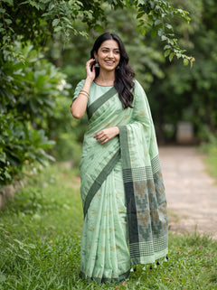 Cotton Mint Green Grey Ikat Butta Checkered Saree