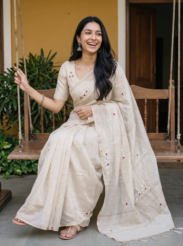 Tissue Cream Saree with Red Floral Embroidered Motifs and Striped Zari Pallu
