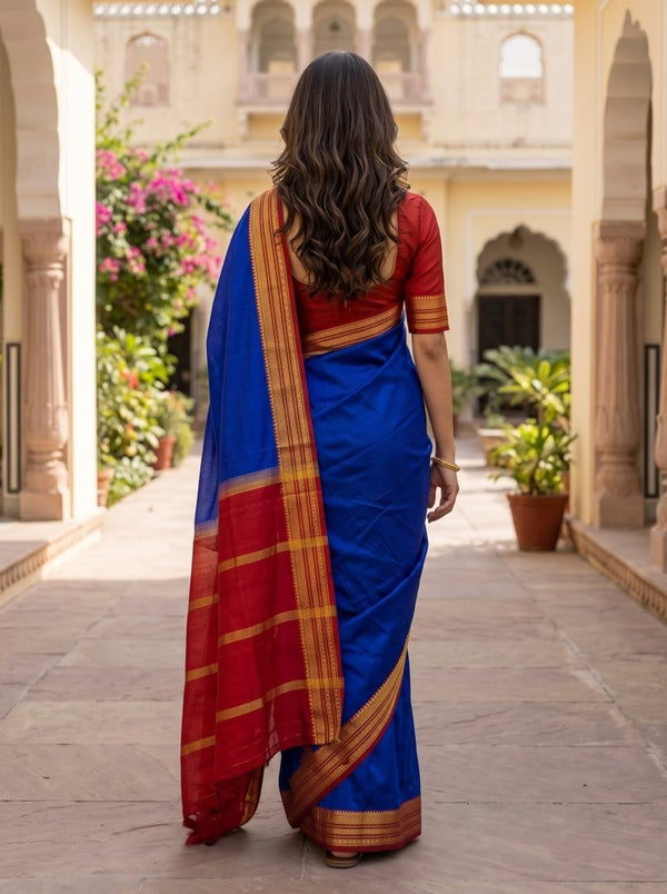 Pure Mysore Silk Royal Blue Plain Saree with Contrast Red Zari Striped Pallu