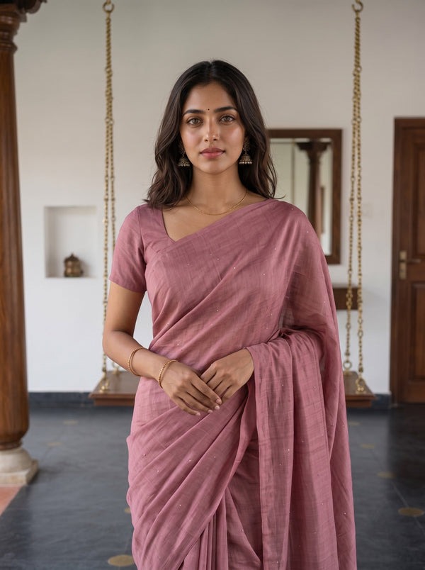 Tusser Silk Dusty Rose Pink Paisley Floral Embroidered Saree