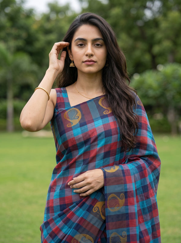 Cotton Teal Red Plaid  Madras Kattam Saree with Gold Paisley Border