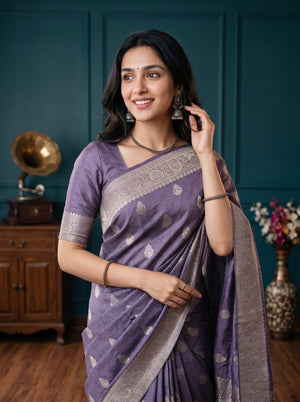 Banarasi Purple Butta Print Saree with Silver Zari Border