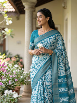 Polycotton Teal Blue Saree with Batik Crackle Print
