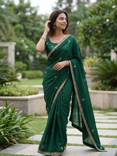 Chiffon Bottle Green Saree with Golden Bead Floral Butta and Scalloped Sequin Border