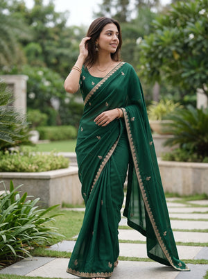 Chiffon Bottle Green Saree with Golden Bead Floral Butta and Scalloped Sequin Border