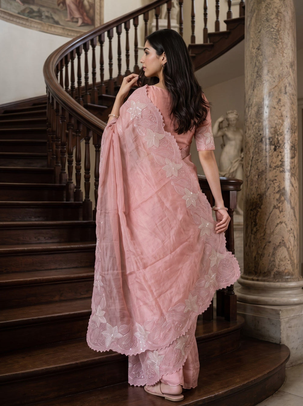 Organza Salmon Pink Leaf Vine Sequin Cutwork Flower Applique Border Saree