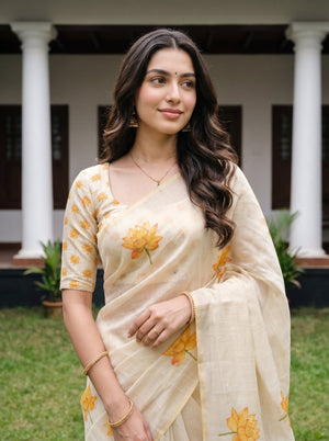 A woman wearing a cream-colored saree with yellow floral patterns and a matching printed blouse, standing outdoors in front of a house with white columns.