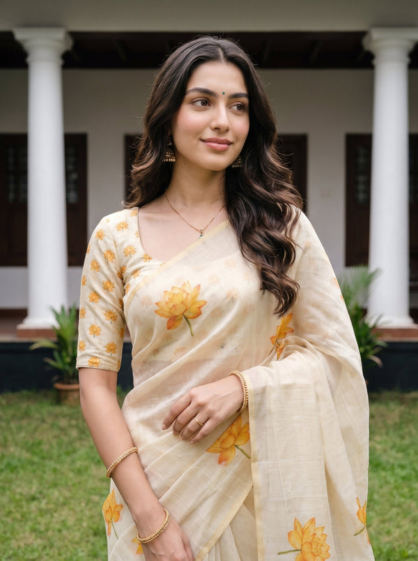 A woman wearing a cream-colored saree with yellow floral patterns and a matching printed blouse, standing outdoors in front of a house with white columns.