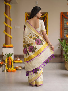 Tissue Cream Printed Floral Onam Special Kerala Saree with Gold Violet Border