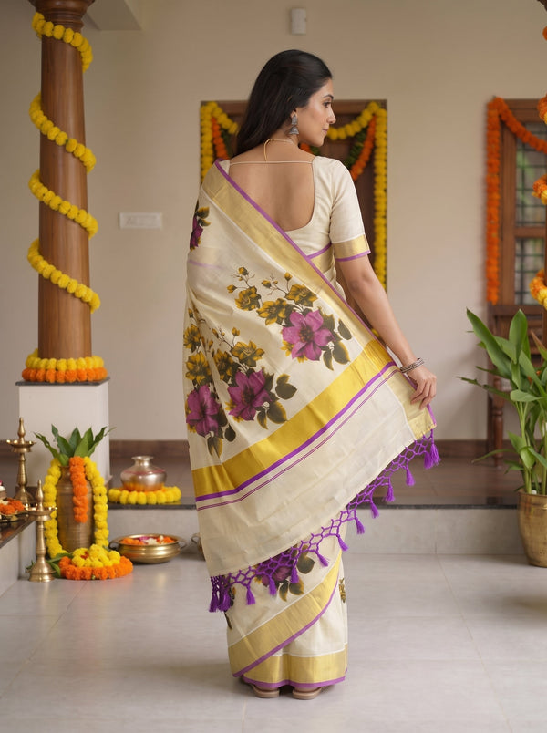 Tissue Cream Printed Floral Onam Special Kerala Saree with Gold Violet Border