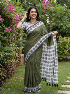 Cotton Olive Green White Mandala Dot Print Saree