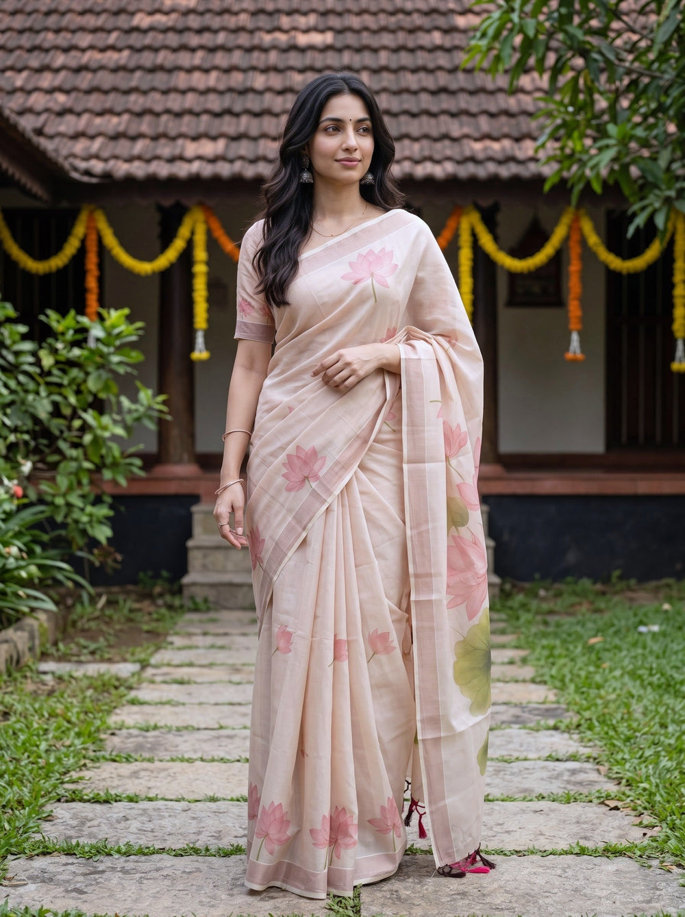 Tissue Rose Golden Cream Pink Lotus Cow Painting Onam Kerala Saree with Tassels