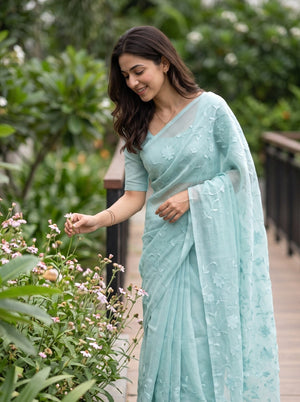 Linen Mint blue Allover Floral Vine Embroidered Saree with Tassels
