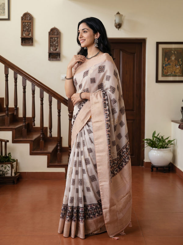 Semi Tussar Off-White Mosaic Print Saree with Peach Border and Tassels
