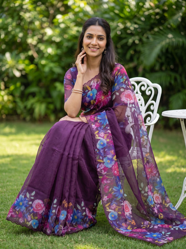 A woman wearing a purple floral saree sits on a white garden chair on a grassy lawn. The saree has a deep purple base with vibrant pink, blue, and purple floral patterns along the border and on the sheer dupatta.