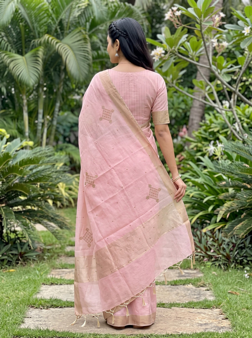 Linen Baby Pink Saree with Golden Bead Diamond Motifs