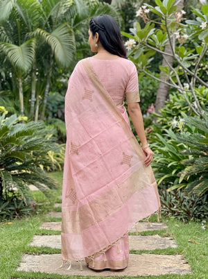 Linen Baby Pink Saree with Golden Bead Diamond Motifs
