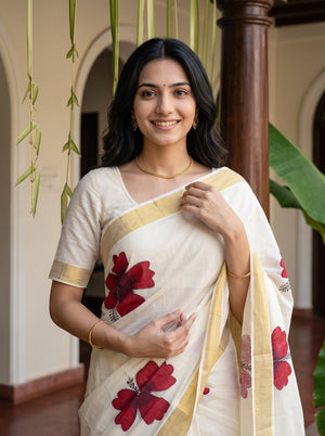 Cotton Cream Red Hibiscus Print Onam Special Kerala Saree