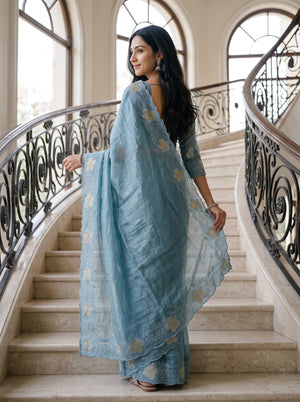 Organza Teal Blue Floral Vine Embroidered Cutwork Applique Border Saree